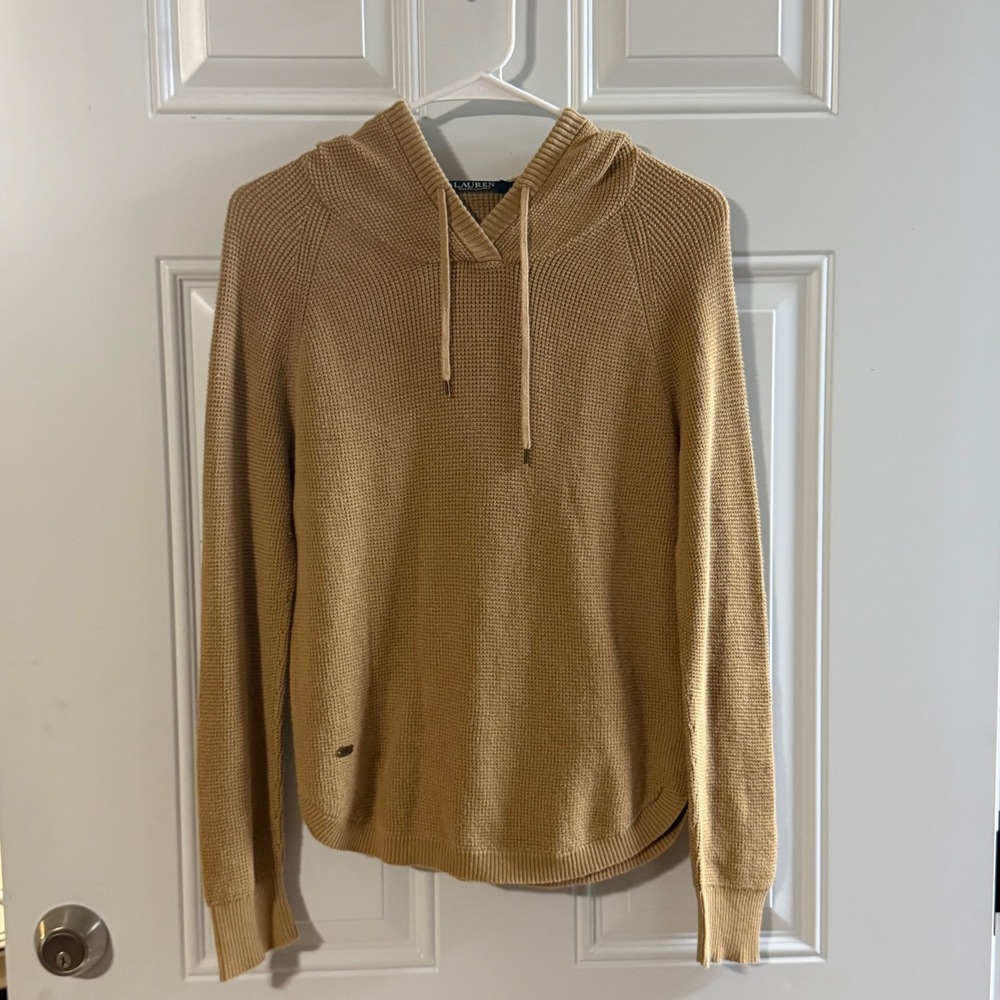 Lauren Ralph Lauren Tan Cotton Waffle Knit Hooded Sweater Curved Hem Small